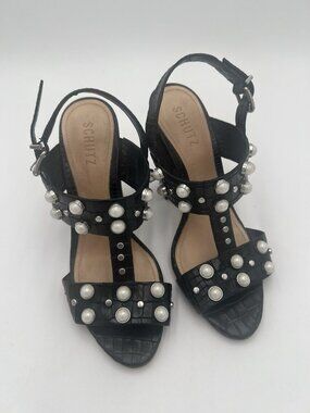 Schutz Zarita Sandals 8B Black Croc Embossed Leather Pearl Stud Slingback Heels